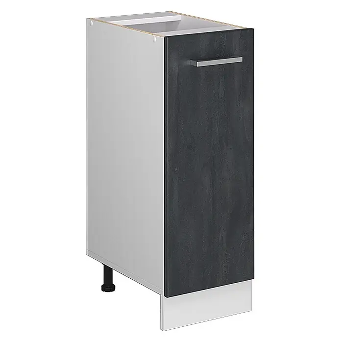 Vicco Schrankküche R-Line Schwarz Beton ohne Arbeitsplatte - Schwarz Beton, Apothekerunterschrank 30 cm - Kompakter Küchenunterschrank mit hellgrauem Korpus, dunkelgrauer Holztür und silbernem Griff.