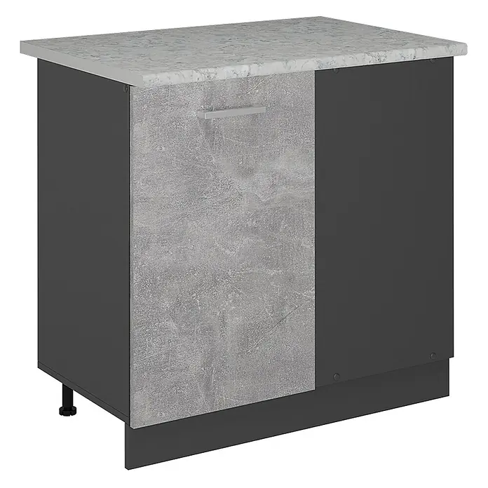 Vicco Schrankküche R-Line Beton AP Marmor - Beton, Eckunterschrank 86 cm, AP Marmor - Dunkelgrauer Küchenunterschrank mit Betondekorfront, silbernem Griff und marmorierter hellgrauer Arbeitsplatte.