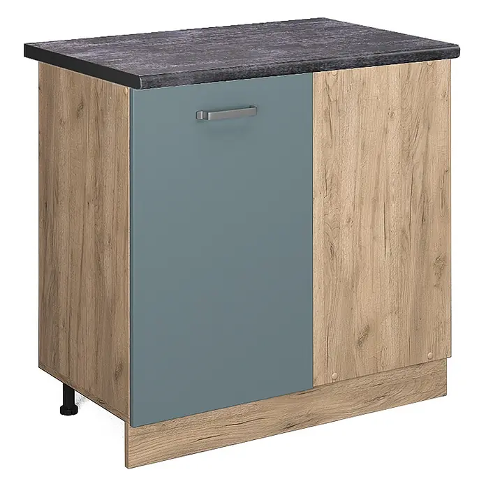 Vicco Schrankküche R-Line Blau-Grau, AP Anthrazit - Blau-Grau, Eckunterschrank 86 cm, AP Anthrazit - Küchenunterschrank mit dunkelgrauer Arbeitsplatte, hellen Holzseiten und einer tealfarbenen Tür mit silbernem Griff.