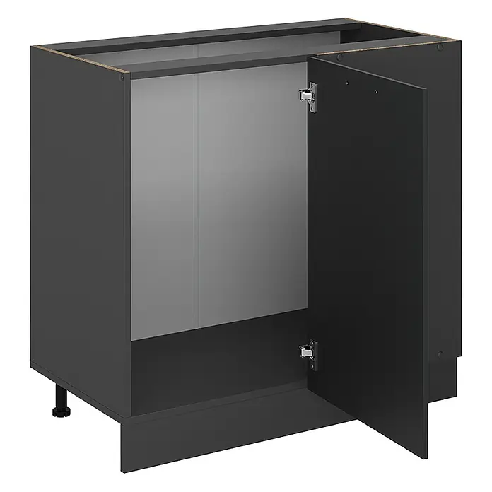 Vicco Schrankküche R-Line Anthrazit Landhaus ohne Arbeitsplatte - Anthrazit Landhaus, Eckunterschrank 86 cm - Dunkelgrauer Küchenunterschrank, Tür offen mit hellgrauem Innenraum und verstellbaren Füßen.