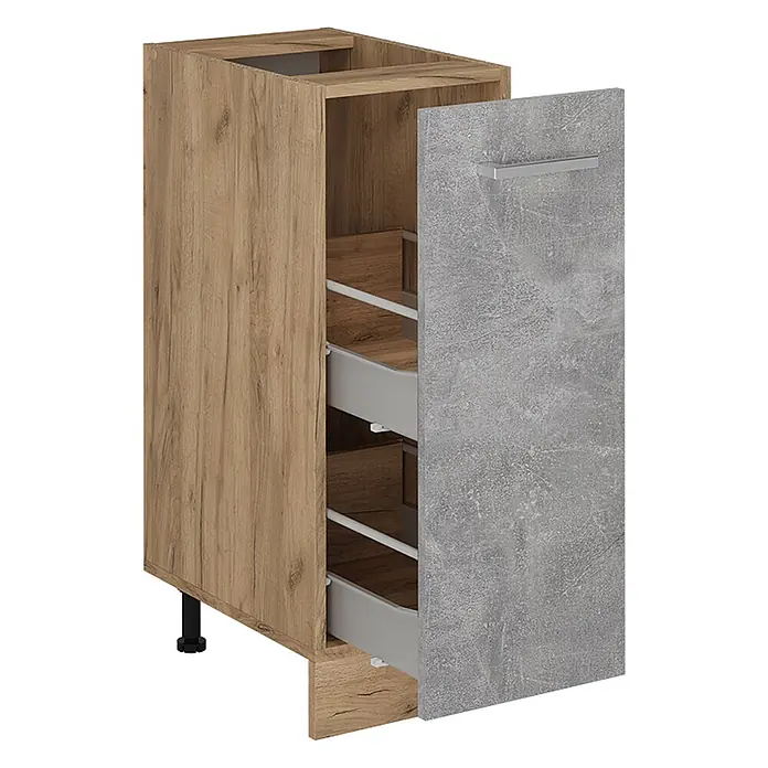 Vicco Schrankküche R-Line Beton ohne Arbeitsplatte - Beton, Apothekerunterschrank 30 cm - Küchenunterschrank in Eiche-Optik mit grauer Beton-Look Auszugstür und Innenschubladen.