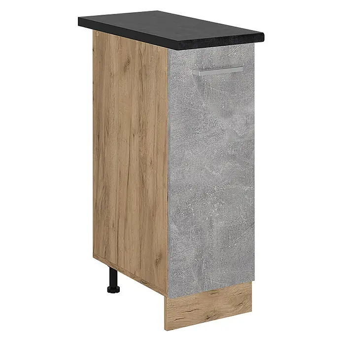 Vicco Schrankküche R-Line Beton, AP Anthrazit - Beton, Apothekerunterschrank 30 cm, AP Anthrazit - Küchenunterschrank mit dunkler Arbeitsplatte, holzgemaserter Seite und grauer Betonoptik-Front mit silbernem Griff.