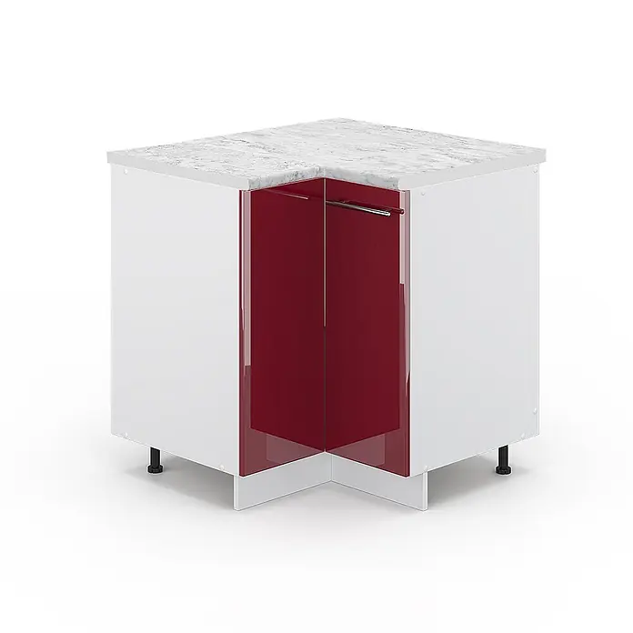 Vicco Schrankküche Fame-Line Bordeaux Hochglanz, AP Marmor - Bordeaux Hochglanz, Eckunterschrank, AP Marmor - Weißer Kücheneckunterschrank mit hochglanzroten Türen und Marmoroptik-Arbeitsplatte.