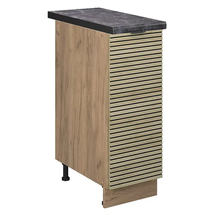 Vicco Schrankküche Fame-Line Eiche Paneel, AP Anthrazit - Eiche Paneel, Apothekerunterschrank 30 cm, AP Anthrazit - Schmaler Schrank mit dunkelgrauer Arbeitsplatte, heller Eichenoptik und geriffelter Rollladenfront.