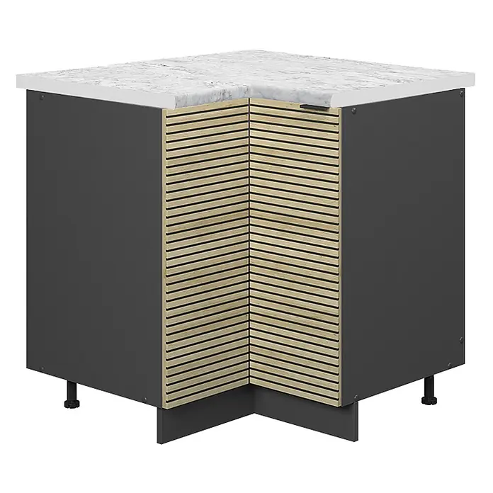 Vicco Schrankküche Fame-Line Eiche Paneel, AP Marmor - Eiche Paneel, Eckunterschrank, AP Marmor - Eckschrank mit weißer Marmorplatte, dunkelgrauen Seiten und lattenförmiger heller Holz-/Messingfront.
