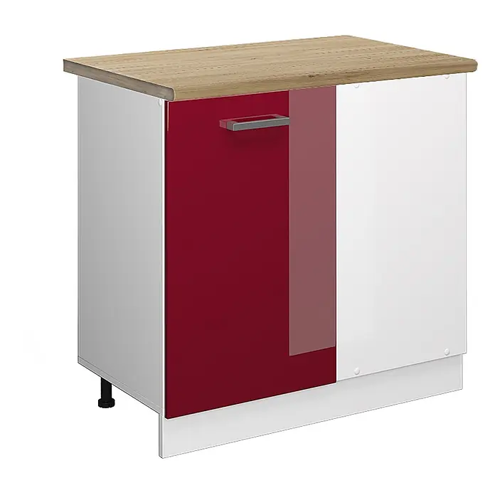 Vicco Schrankküche R-Line Rot Hochglanz, AP Eiche - Rot Hochglanz, Eckunterschrank 86 cm, AP Eiche - Kompaktschrank mit Holzoptik-Platte, glänzender roter Tür mit silbernem Griff und weißer Tür.