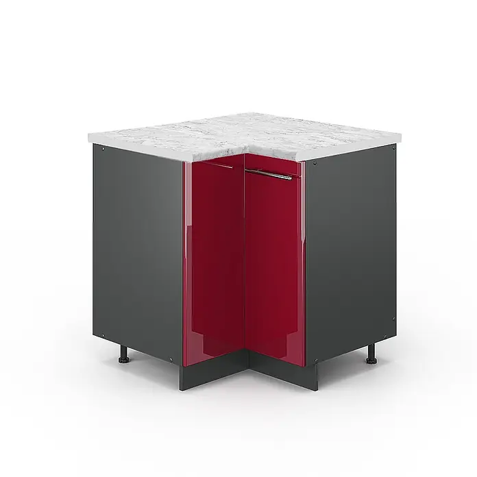 Vicco Schrankküche Fame-Line Bordeaux Hochglanz, AP Marmor - Bordeaux Hochglanz, Eckunterschrank, AP Marmor - Eckunterschrank mit weißer Marmorplatte, dunkelgrauem Korpus und glänzend roten Türen mit Metallgriffen.