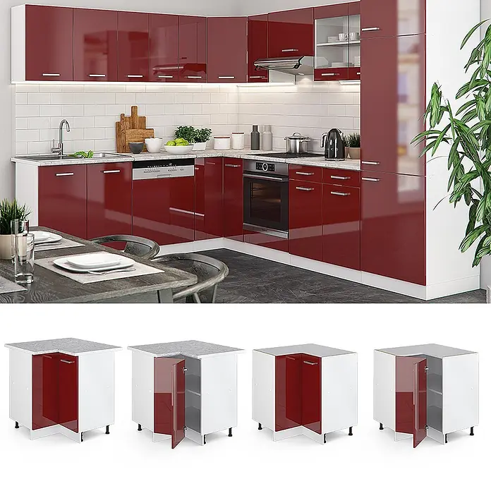 Vicco Schrankküche R-Line Rot Hochglanz, AP Eiche - Rot Hochglanz, Eckunterschrank, AP Eiche - Moderne rote Hochglanzküche mit weißen Arbeitsplatten und L-förmigen Schränken. Eckunterschrank geöffnet gezeigt.