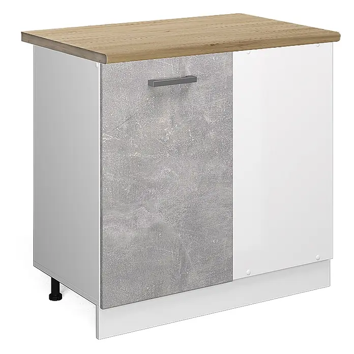 Vicco Schrankküche R-Line Beton, AP Eiche - Beton, Eckunterschrank 86 cm, AP Eiche - Küchenunterschrank mit Holzarbeitsplatte, grauer Betonoptik-Tür und weißer Tür, mit silbernem Griff.