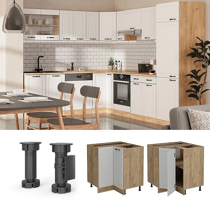 Vicco Schrankküche R-Line Weiß Landhaus AP Marmor - Weiß Landhaus, Eckunterschrank - L-förmige Küche mit weißen Schränken, Holzoptik-Akzenten und dunkler Arbeitsplatte. Inklusive verstellbarer Füße und Eckunterschränke.