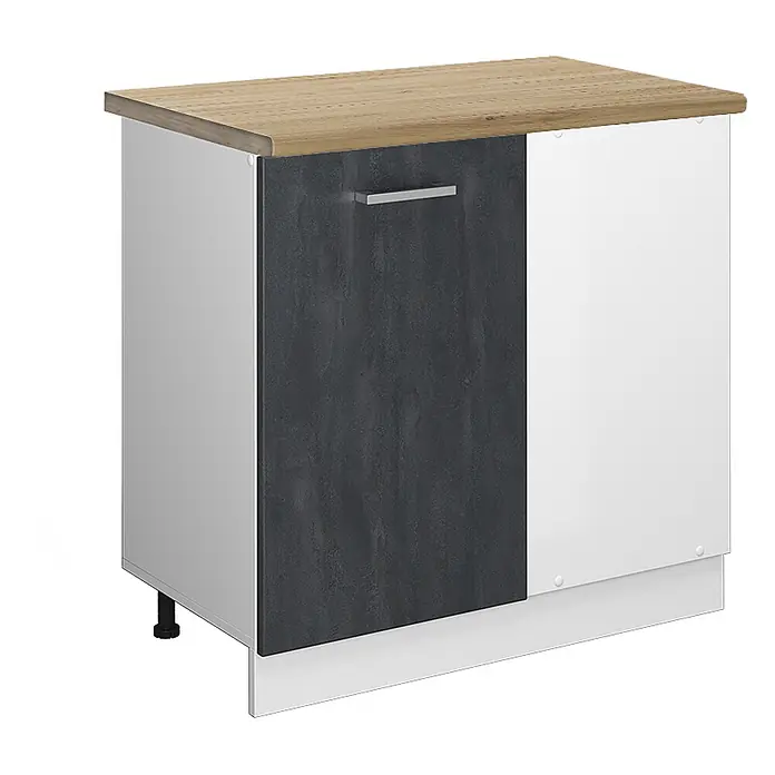 Vicco Schrankküche R-Line Schwarz Beton AP Eiche - Schwarz Beton, Eckunterschrank 86 cm, AP Eiche - Zweitüriger Unterschrank mit heller Holzplatte, weißem Korpus und einer dunkelgrauen und einer weißen Tür mit silbernem Griff.