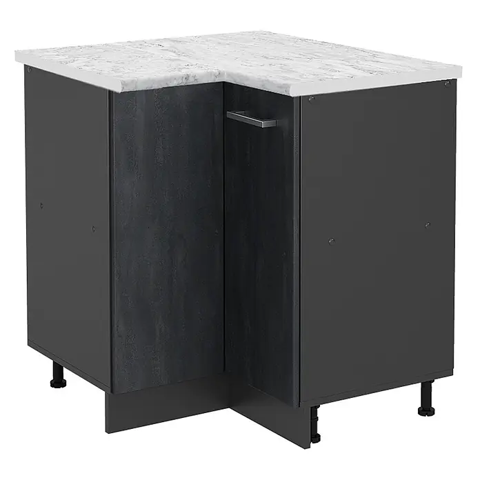 Vicco Schrankküche R-Line Schwarz Beton AP Marmor - Schwarz Beton, Eckunterschrank, AP Marmor - Dunkelgrauer Küchen-Eckschrank mit weißer Marmor-Arbeitsplatte und texturierter Tür mit Griff.