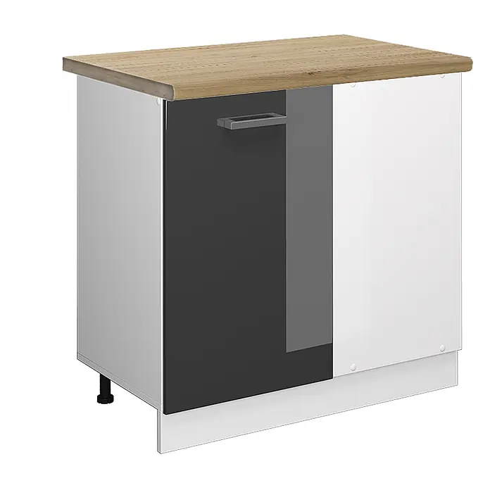 Vicco Schrankküche R-Line Anthrazit Hochglanz, AP Eiche - Anthrazit Hochglanz, Eckunterschrank 86 cm, AP Eiche - Moderne Küchenunterschrank mit Holzplatte, hellgrauen, dunkelgrauen und weißen Paneelen und Metallgriff.