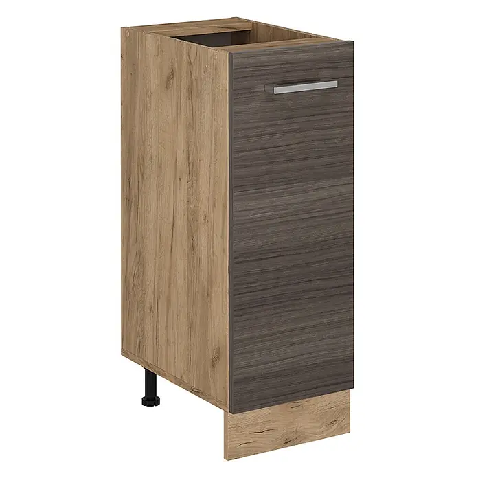 Vicco Schrankküche R-Line Edelgrau ohne Arbeitsplatte - Edelgrau, Apothekerunterschrank 30 cm - Zweifarbiges Küchenunterschrank mit heller Holzoptik-Seitenwand und dunkler Holzoptik-Front, mit silbernem Griff und verstellbaren Füßen.