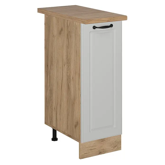 Vicco Schrankküche R-Line Weiß Landhaus, AP Eiche - Weiß Landhaus, Apothekerunterschrank 30 cm, AP Eiche - Helles Holzdekor Unterschrank mit hellgrauer Kassettentür, schwarzem Griff und passender Sockelblende, auf schwarzen verstellbaren Füßen.