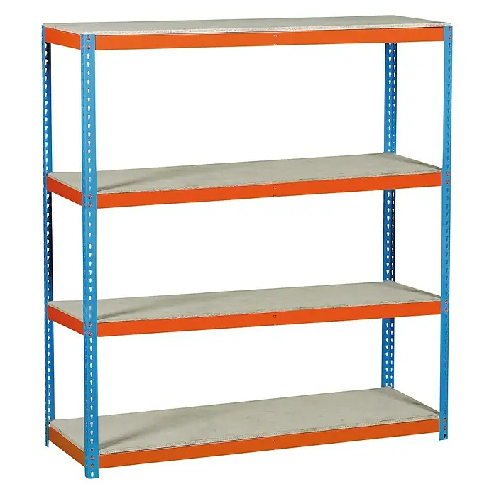 Simonrack Simonforte Schwerlastregal Simonforte Chipboard - H x B x T: 200 x 240 x 90 cm, Traglast pro Boden: 400 kg, Anzahl Böden: 4 Stk., Stecken, Blau/Orange - Abgebildet ist ein blau-oranges Lagerregal mit vier Regalböden, ideal zur Aufbewahrung und Organisation von Gegenständen in Lager und Werkstatt.