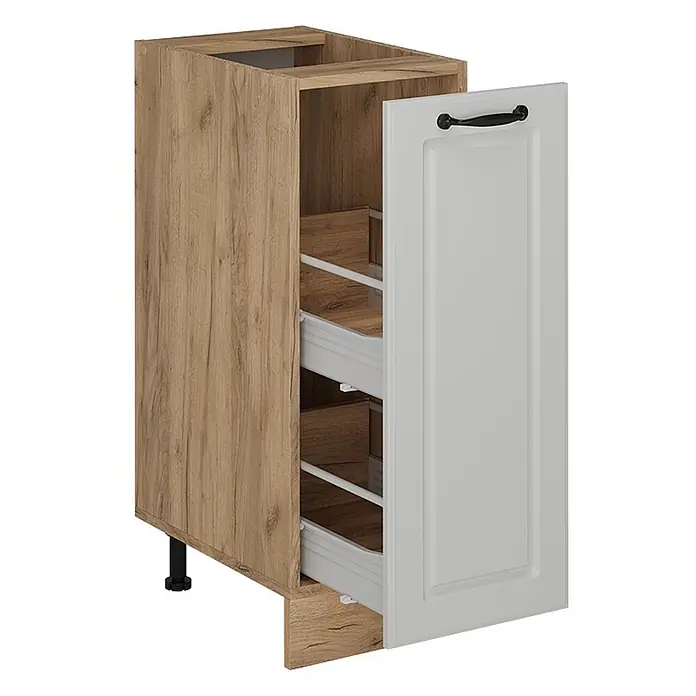 Vicco Schrankküche R-Line Weiß Landhaus, AP Eiche - Weiß Landhaus, Apothekerunterschrank 30 cm, AP Eiche - Küchenunterschrank in Holzoptik mit hellgrauer Tür, schwarzem Griff, zwei Auszugskörben und einer Bodenschublade.