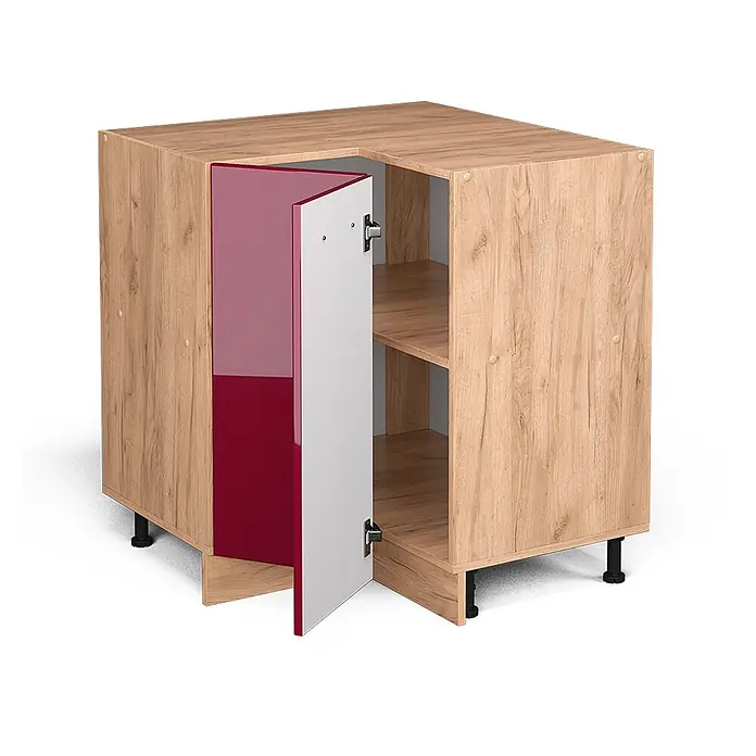 Vicco Schrankküche R-Line Rot Hochglanz, AP Anthrazit - Rot Hochglanz, Eckunterschrank, AP Anthrazit - Eckunterschrank aus hellem Holz mit teilweise geöffneter, glänzender roter Tür.