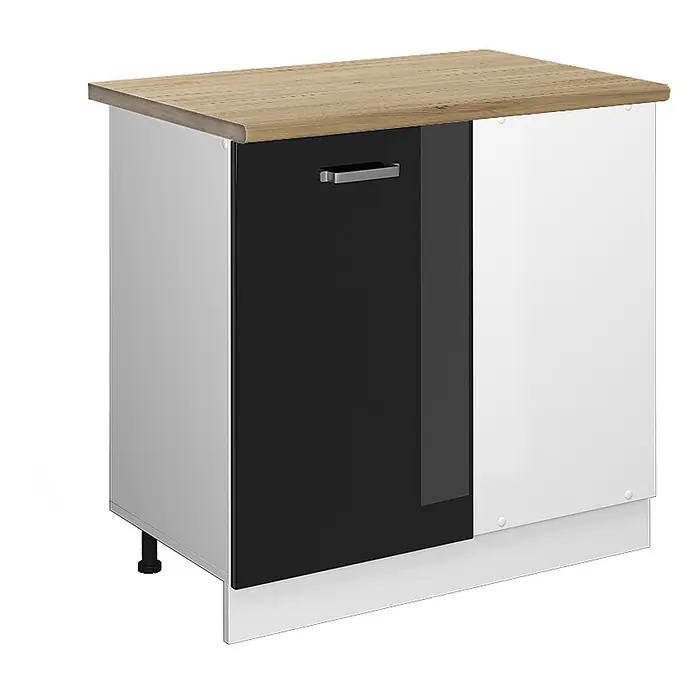 Vicco Schrankküche R-Line Schwarz Hochglanz, AP Eiche - Schwarz Hochglanz, Eckunterschrank 86 cm, AP Eiche - Küchenunterschrank mit heller Holzoptik-Arbeitsplatte, glänzender schwarzer Tür mit Griff, weißer Frontplatte und weißer Seitenwand.
