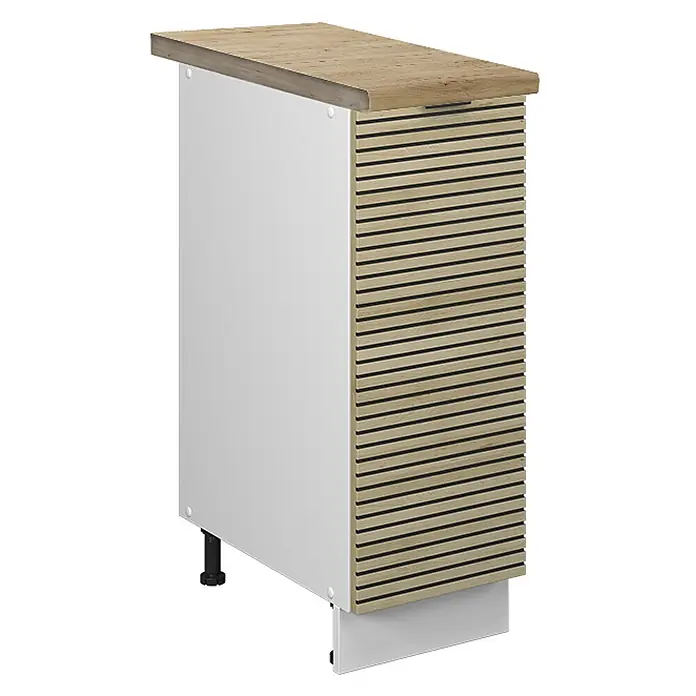 Apothekerschrank Fame-Line 30 cm Eiche Paneel Art.-Nr. 51339 -  - Weißer Unterschrank mit heller Holzplatte und gerillter Seitenwand. Mit verstellbaren Füßen.