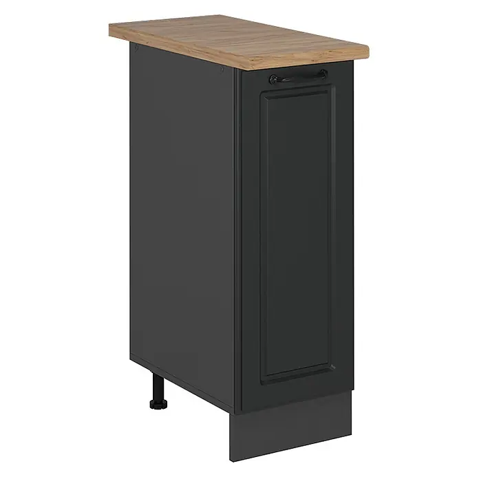 Vicco Schrankküche R-Line Anthrazit Landhaus, AP Eiche - Anthrazit Landhaus, Apothekerunterschrank 30 cm, AP Eiche - Dunkelgrauer Küchenunterschrank mit Holzplatte, dekorativer Tür und schwarzem Griff. Mit verstellbaren Füßen und Sockelleiste.