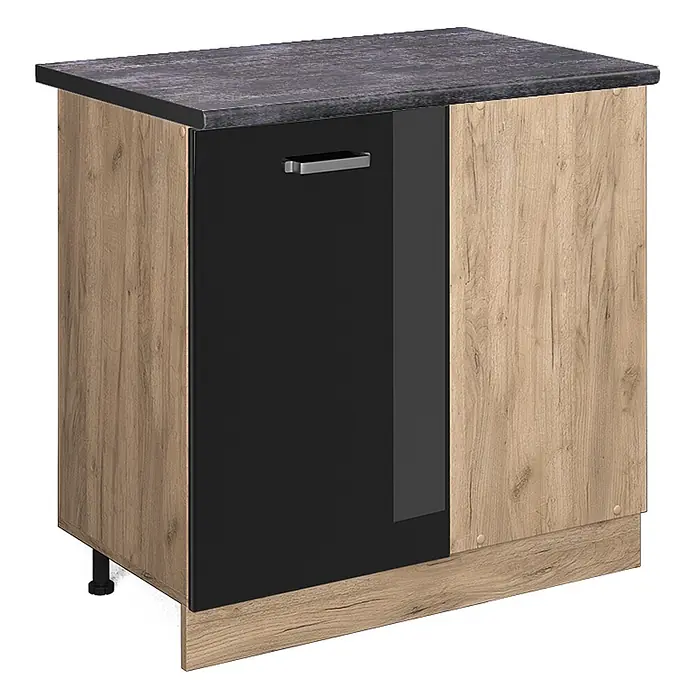 Vicco Schrankküche R-Line Schwarz Hochglanz, AP Anthrazit - Schwarz Hochglanz, Eckunterschrank 86 cm, AP Anthrazit - Holzmaserung Unterschrank mit dunkler Arbeitsplatte, schwarzer Tür und silbernem Griff.
