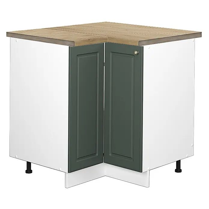 Vicco Schrankküche Fame-Line Grün-Gold Landhaus, AP Eiche - Grün-Gold Landhaus, Eckunterschrank, AP Eiche - Weißer Eckunterschrank mit dunkelgrünen Türen und heller Holzoptik-Arbeitsplatte, für die Küchenaufbewahrung.
