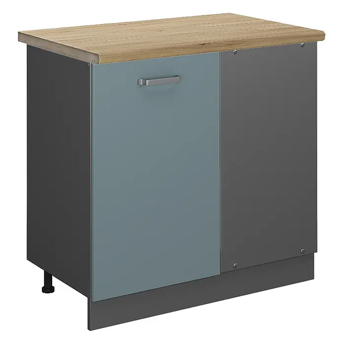 Vicco Schrankküche R-Line Blau-Grau, AP Eiche - Blau-Grau, Eckunterschrank 86 cm, AP Eiche - Kleiner Schrank mit heller Holzplatte, einer hellblaugrünen Tür mit silbernem Griff und dunkelgrauen Seiten.