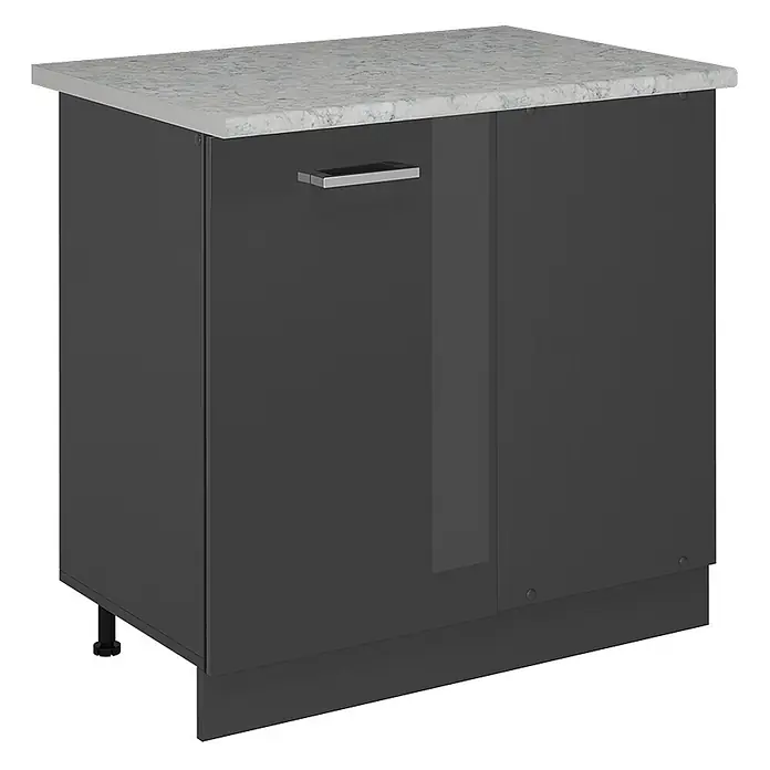 Vicco Schrankküche R-Line Anthrazit Hochglanz AP Marmor - Breite: 86 cm, Anthrazit Hochglanz, Eckunterschrank 86 cm - Anthrazitfarbener Küchenunterschrank mit heller, gesprenkelter Arbeitsplatte, mit zwei Schranktüren, eine davon mit Griff.