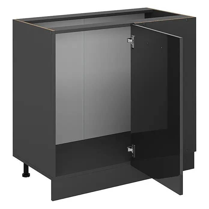 Vicco Schrankküche R-Line Anthrazit Hochglanz, AP Eiche - Anthrazit Hochglanz, Eckunterschrank 86 cm, AP Eiche - Dunkelgrauer Küchenunterschrank mit geöffneter Tür, zeigt das Innenfach und verstellbare Füße.