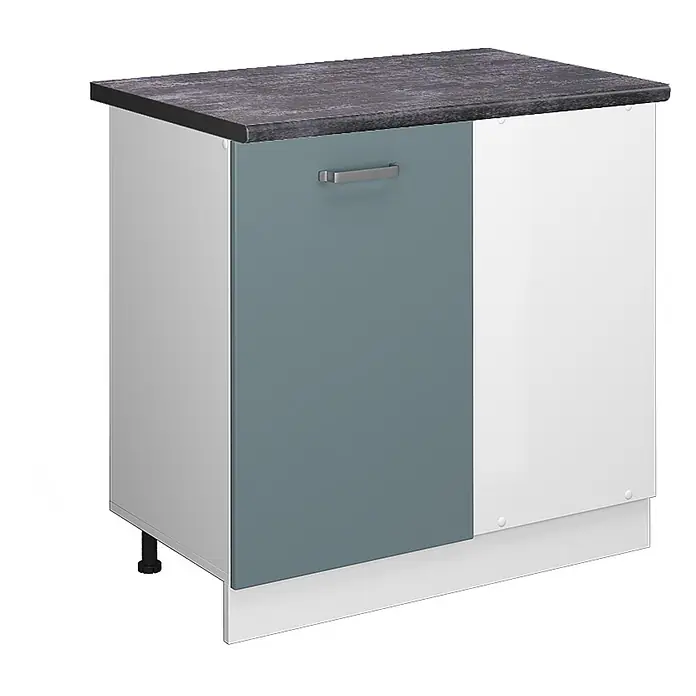 Vicco Schrankküche R-Line Blau-Grau, AP Anthrazit - Blau-Grau, Eckunterschrank 86 cm, AP Anthrazit - Küchenunterschrank mit dunkelgrauer Arbeitsplatte, blau-grauer Tür und weißen Schrankpaneelen.
