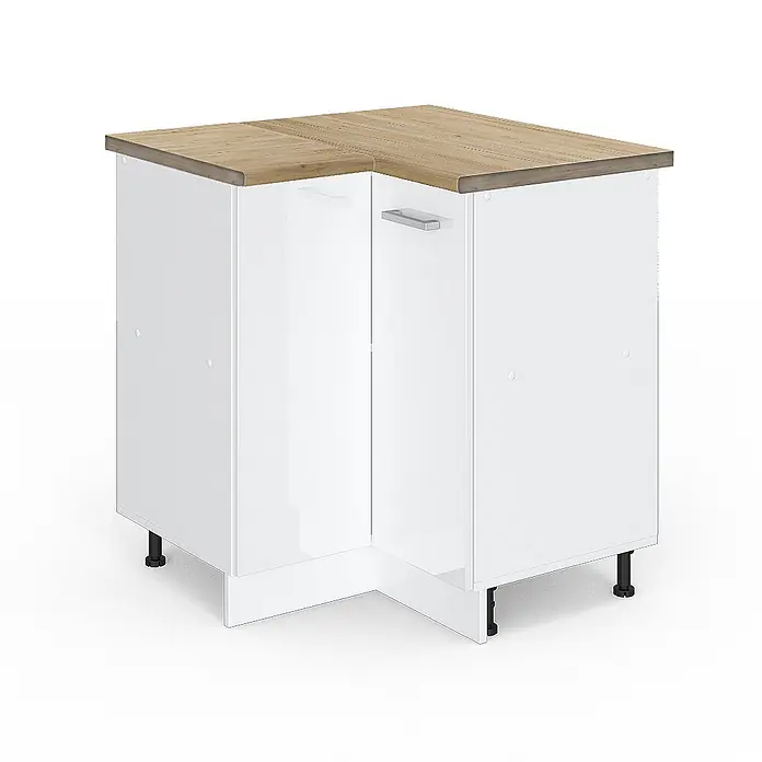 Vicco Schrankküche R-Line Weiß Hochglanz, AP Eiche - Weiß Hochglanz, Eckunterschrank - Weißer Kücheneckunterschrank mit Holzplatte und silbernem Griff auf schwarzen Füßen.
