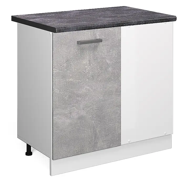 Vicco Schrankküche R-Line Beton, AP Anthrazit - Beton, Eckunterschrank 86 cm, AP Anthrazit - Küchenunterschrank mit dunkler Betonoptik-Arbeitsplatte, einer grauen Strukturtür mit Griff und weißen Seiten.
