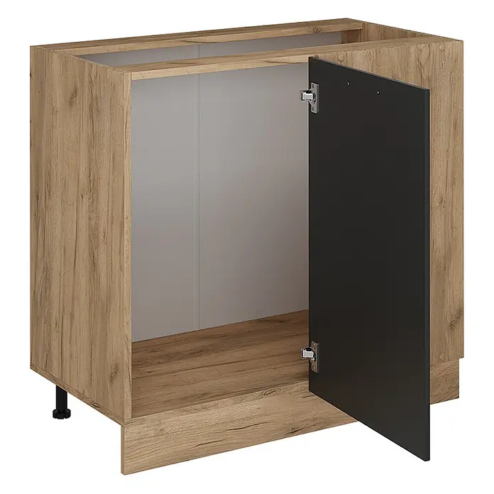 Vicco Schrankküche R-Line Anthrazit Landhaus ohne Arbeitsplatte - Breite: 86 cm, Anthrazit Landhaus, Eckunterschrank 86 cm - Küchenunterschrank in Holzoptik mit geöffneter schwarzer Tür, die eine graue Rückwand zeigt. Steht auf verstellbaren schwarzen Füßen.