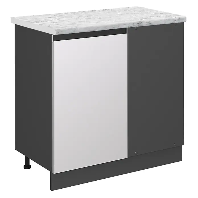 Vicco Schrankküche R-Line Weiß J-Shape AP Marmor - Weiß, Eckunterschrank 86 cm grifflos, AP Marmor - Dunkelgrauer Küchenunterschrank mit hellgrauer Tür und weißer Marmor-Arbeitsplatte.