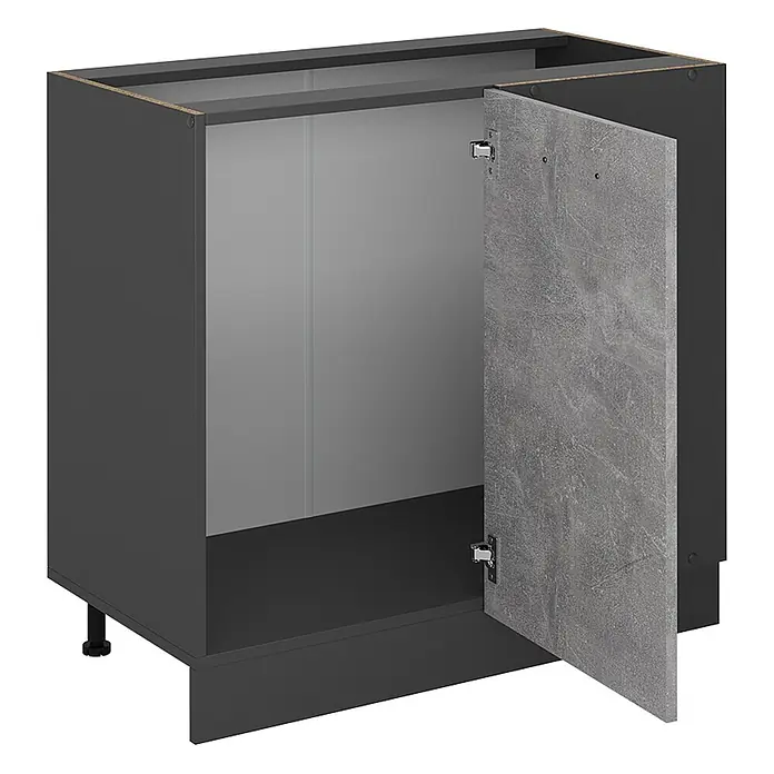 Vicco Schrankküche R-Line Beton AP Marmor - Beton, Eckunterschrank 86 cm, AP Marmor - Dunkelgrauer Küchenunterschrank mit offener, hellgrau-strukturierter Tür.