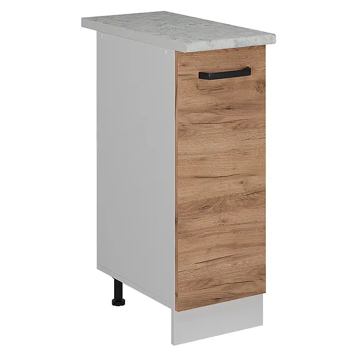 Vicco Schrankküche R-Line Goldkraft Eiche AP Marmor - Goldkraft Eiche, Apothekerunterschrank 30 cm, AP Marmor - Hellgrauer Küchenunterschrank mit Holzoptik-Schublade und schwarzem Griff, mit grauer Marmoroptik-Arbeitsplatte.