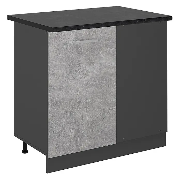 Vicco Schrankküche R-Line Beton, AP Anthrazit - Beton, Eckunterschrank 86 cm, AP Anthrazit - Dunkelgrauer Küchenunterschrank mit schwarzer Arbeitsplatte und hellgrauer Tür in Betonoptik mit silbernem Griff.