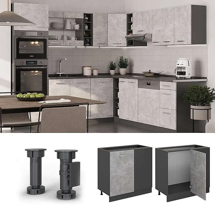 Vicco Schrankküche R-Line Beton AP Marmor - Beton, Eckunterschrank 86 cm, AP Marmor - Modulare Küchenschränke mit hellgrauen Beton-Fronten und dunkelgrauem Korpus, inklusive verstellbarer Stützfüße.