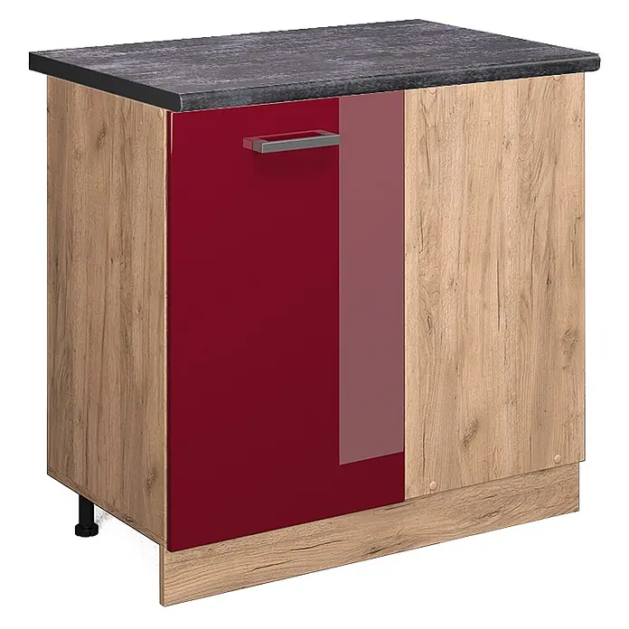 Vicco Schrankküche R-Line Rot Hochglanz, AP Anthrazit - Rot Hochglanz, Eckunterschrank 86 cm, AP Anthrazit - Kompakter Küchenschrank mit dunkler Arbeitsplatte, roter Hochglanztür und heller Holzmaserung.