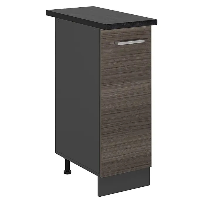 Vicco Schrankküche R-Line Edelgrau, AP Anthrazit - Edelgrau, Apothekerunterschrank 30 cm, AP Anthrazit - Schmaler Küchenunterschrank mit dunkelgrauer Arbeitsplatte, dunkler Holzmaserung an der Schubladenfront und silbernem Griff.