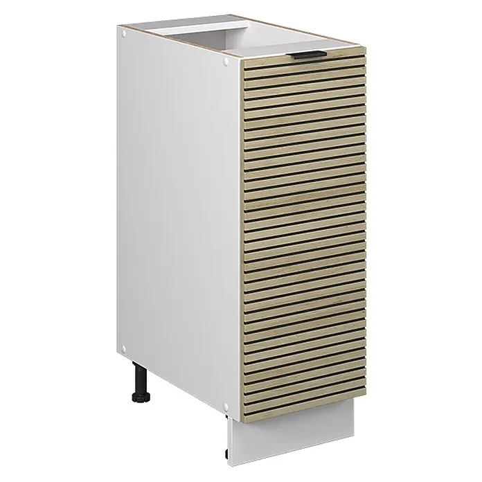 Vicco Schrankküche Fame-Line Eiche Paneel ohne Arbeitsplatte - Eiche Paneel, Apothekerunterschrank 30 cm - Weißer Unterschrank mit Lamellentür aus hellem Holz und schwarzem Griff. Inklusive verstellbarer Beine und Sockelblende.