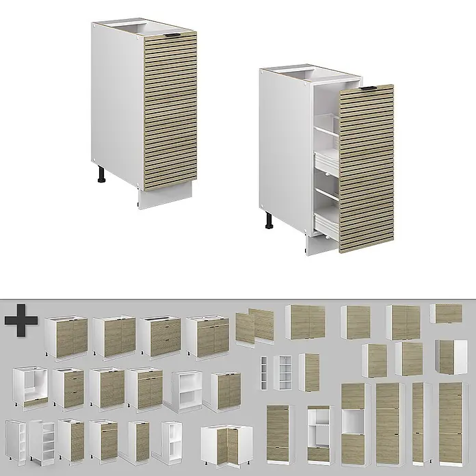 Vicco Schrankküche Fame-Line Eiche Paneel ohne Arbeitsplatte - Eiche Paneel, Apothekerunterschrank 30 cm - Weiße modulare Küchenschrank-Kollektion mit hellen Holzmaserungslamellen- und Glattfronten, verschiedene Unter-, Ober- und Hochschränke mit Einlegeböden und Schubladen.