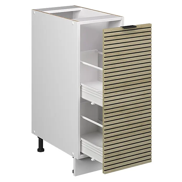 Vicco Schrankküche Fame-Line Eiche Paneel ohne Arbeitsplatte - Eiche Paneel, Apothekerunterschrank 30 cm - Weißer Küchenunterschrank mit zwei Auszügen und einer Front in Holzoptik mit horizontalen Lamellen und schwarzem Griff.