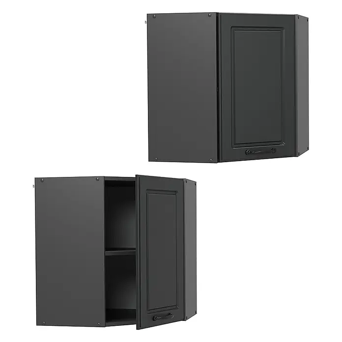 Vicco Schrankküche R-Line Anthrazit Landhaus - Breite: 57 cm, Anthrazit Landhaus, Eckhängeschrank 57 cm - Zwei dunkelgraue Küchenwandschränke, einer geschlossen und einer mit geöffneter Tür, die Einlegeböden zeigt.