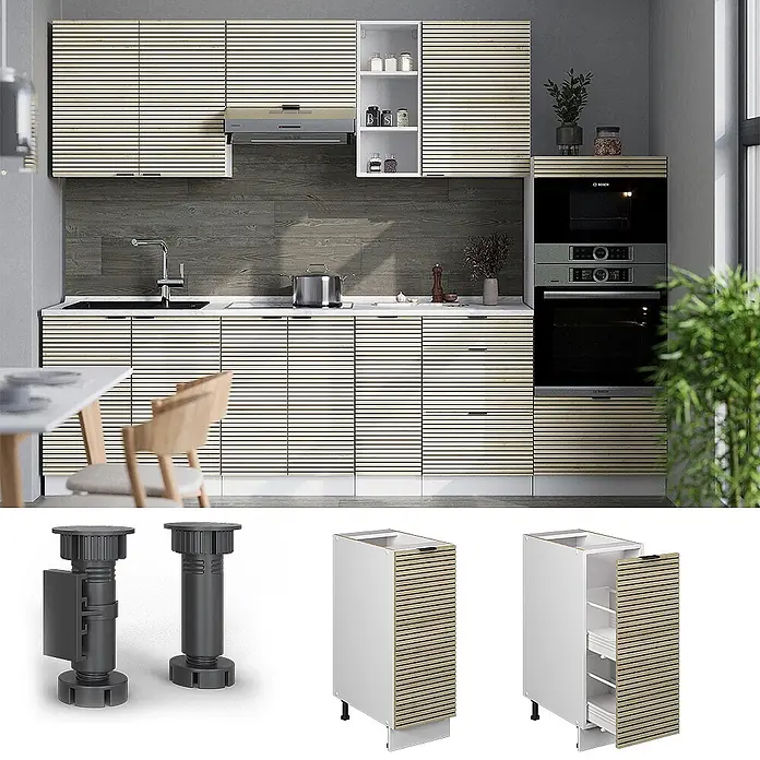 Vicco Schrankküche Fame-Line Eiche Paneel ohne Arbeitsplatte - Eiche Paneel, Apothekerunterschrank 30 cm - Moderne Küche mit hellen, horizontal gerillten Möbelfronten, schmalem Auszugsschrank und verstellbaren Möbelfüßen.