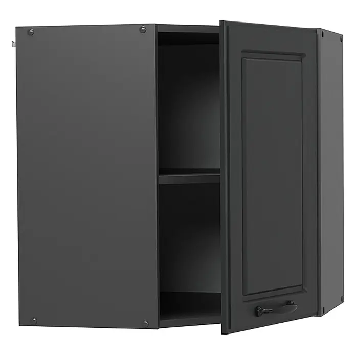 Vicco Schrankküche R-Line Anthrazit Landhaus - Breite: 57 cm, Anthrazit Landhaus, Eckhängeschrank 57 cm - Dunkelgrauer Küchen-Eck-Oberschrank mit geöffneter Tür, der die Innenregale zeigt.