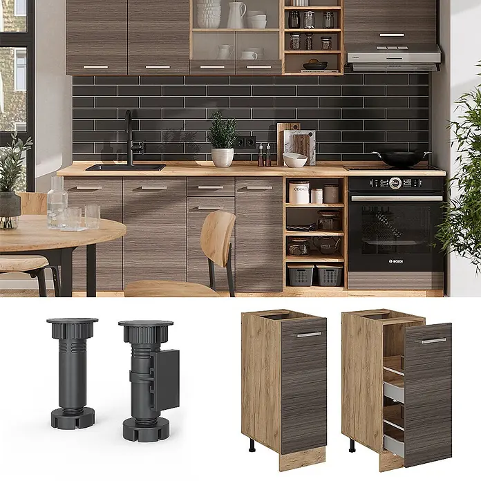 Vicco Schrankküche R-Line Edelgrau, AP Anthrazit - Edelgrau, Apothekerunterschrank 30 cm, AP Anthrazit - Moderne Küche mit dunklen Holzschränken und hellen Arbeitsplatten. Darunter verstellbare schwarze Beine und ein schmaler Unterschrank mit Schubladen.