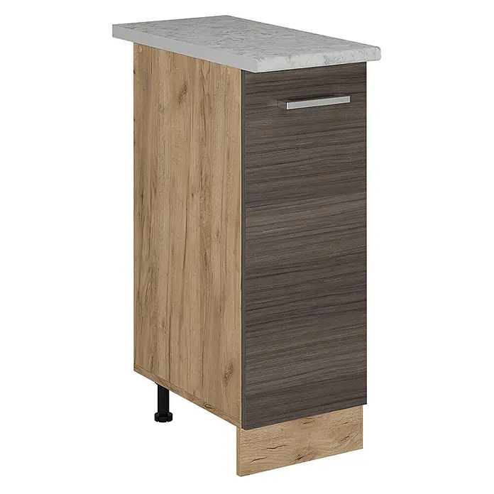 Vicco Schrankküche R-Line Edelgrau AP Marmor - Edelgrau, Apothekerunterschrank 30 cm, AP Marmor - Zweifarbiger Küchenunterschrank mit hellbrauner und dunkelgrauer Holzmaserung, grauer Marmor-Arbeitsplatte und silbernem Griff.