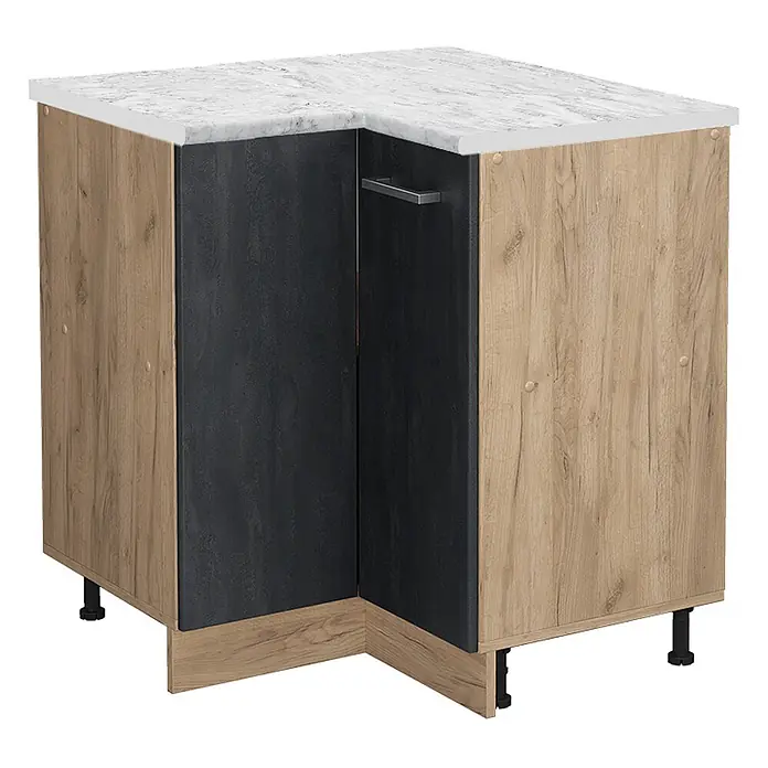 Vicco Schrankküche R-Line Schwarz Beton AP Marmor - Schwarz Beton, Eckunterschrank, AP Marmor - Eckküchenschrank mit heller Holzoptik, dunkelgrauen Türen und weißer Marmor-Arbeitsplatte.